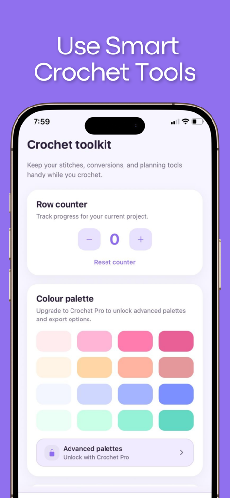 Interface of the Crochet AI app showing a digital row counter and yarn color palette tool.