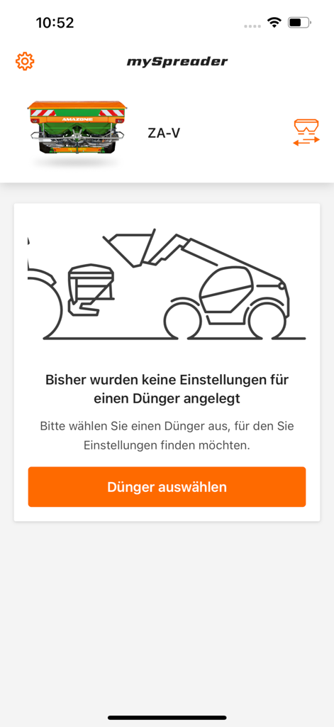 Interface do aplicativo mySpreader mostrando um distribuidor de fertilizantes Amazone ZA-V e um botão para escolher o fertilizante