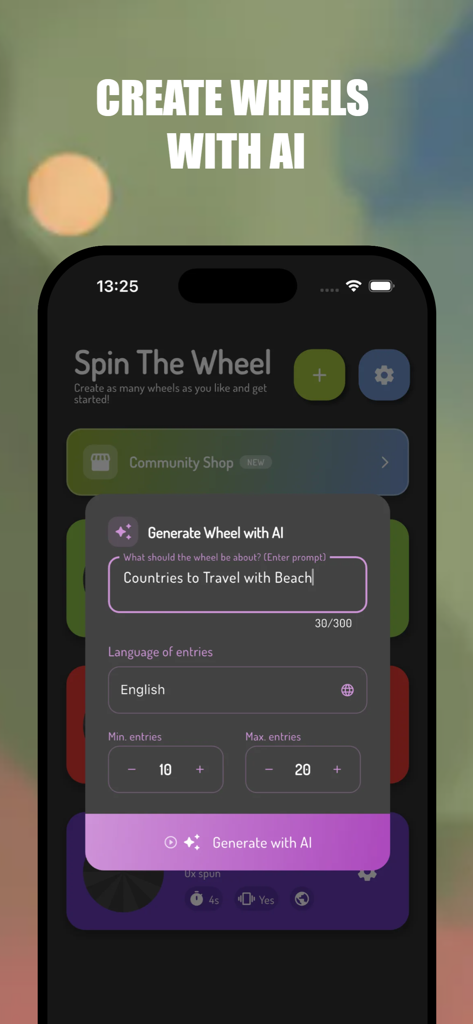 Spin The Wheel - Random choice - Pantalla móvil que muestra la función Generar Ruleta con IA en la aplicación Gira la Ruleta para destinos de viaje.