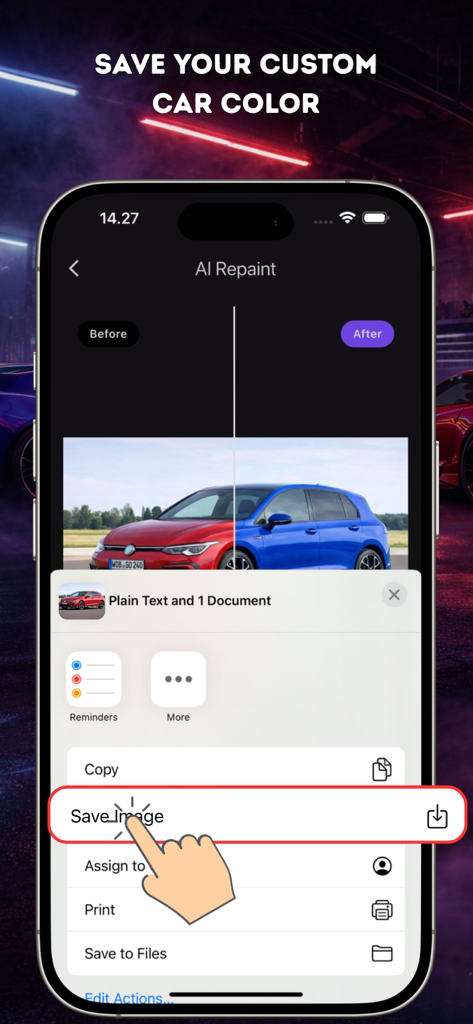 Car Color Editor Ai Repaint - Guardando una edición de color de coche personalizada en la interfaz de la aplicación Car Color Editor AI Repaint