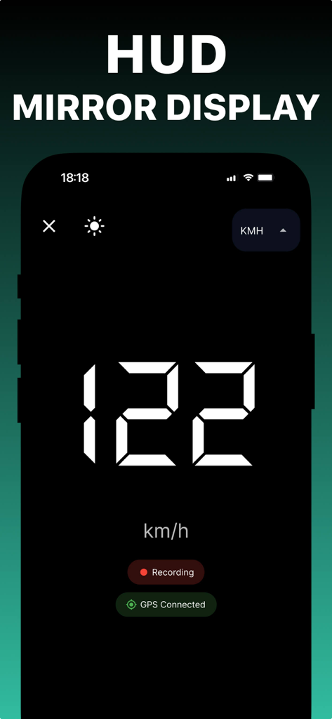 Velocímetro GPS digital en modo de visualización de espejo HUD mostrando la velocidad actual