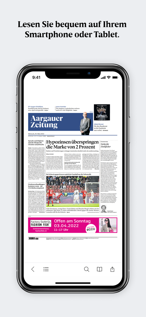 Aargauer Zeitung E-Paper - Smartphone displaying the digital newspaper layout of the Aargauer Zeitung E-Paper app.