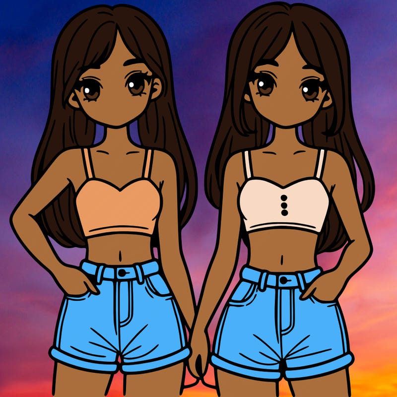 two sisters with crop tops and jean shorts and straight hair