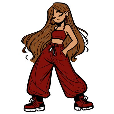 girl in baggy pants crop top and long hair