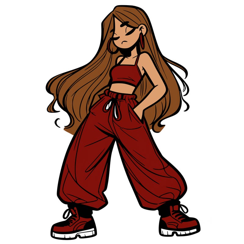 girl in baggy pants crop top and long hair