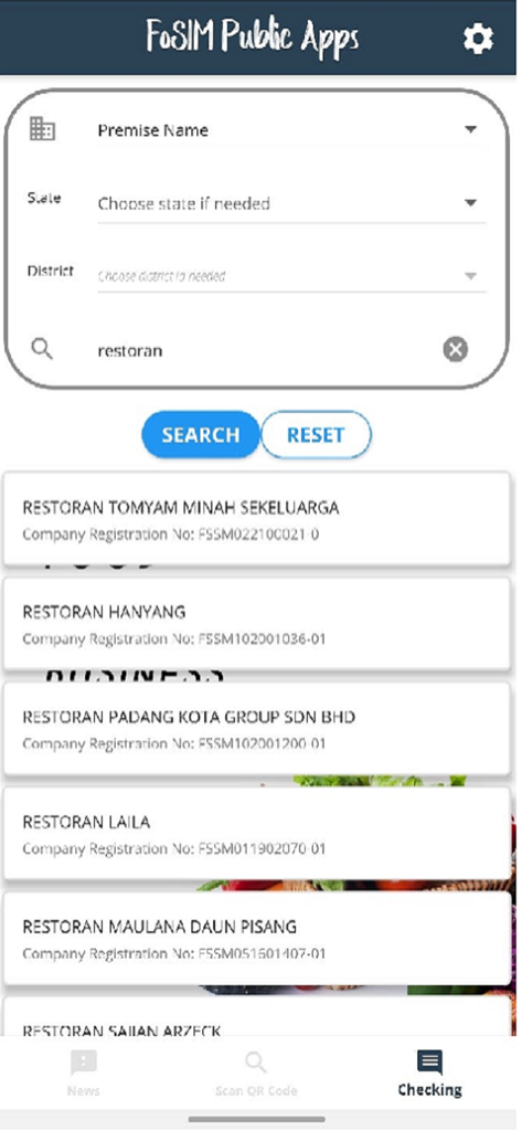 FoSIM Public Apps - Interface of the FoSIM Public Apps showing a search for food establishments in Malaysia with registration details.
