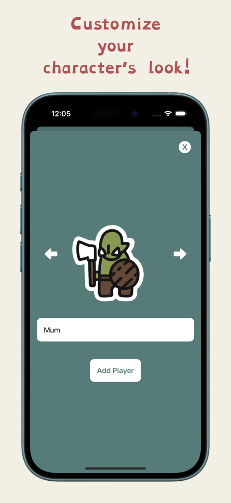 Tally Board: Score Counter - Character customization screen in Tally Board app featuring a goblin warrior avatar