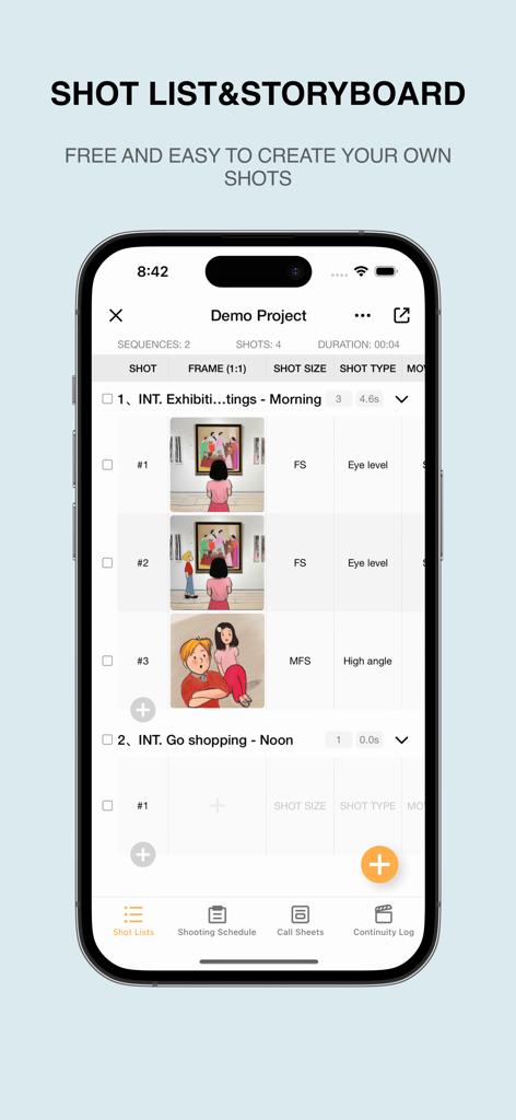 Previs Shot app interface for creating storyboards and shot lists