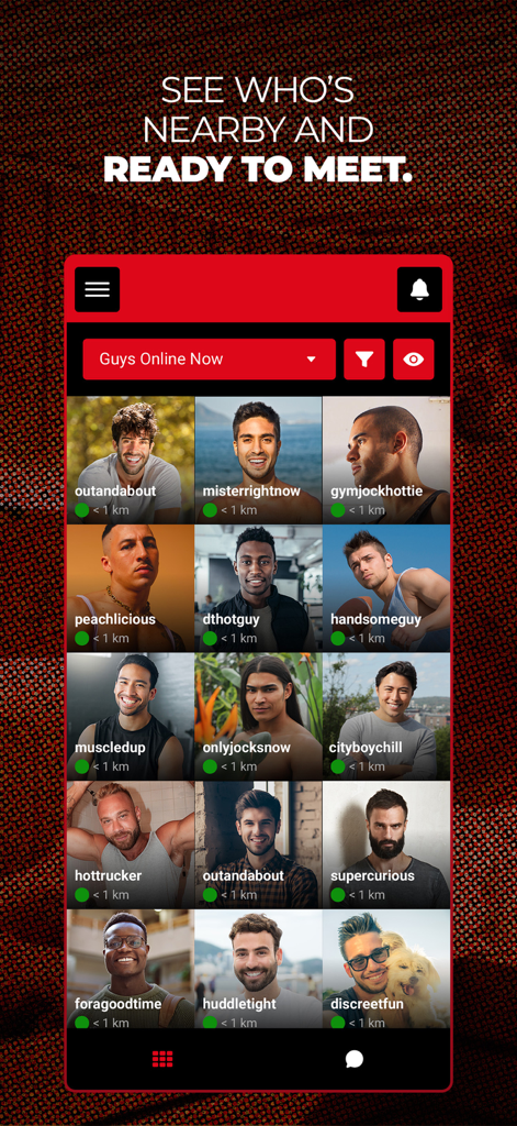 SQ Dating: Gay Chat & Meet - SQ Dating app interface displaying a grid of nearby gay and queer men profiles online now.