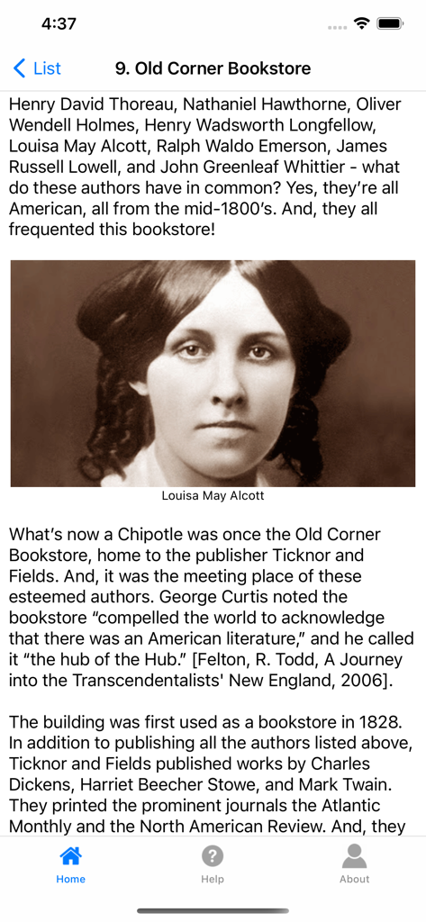 Historic Boston - A screen from the Historic Boston app displaying history about the Old Corner Bookstore and a portrait of Louisa May Alcott.