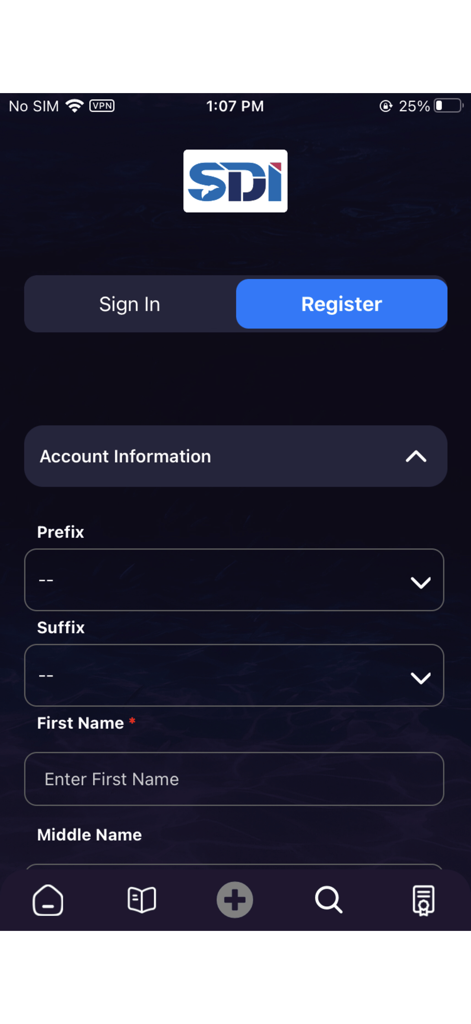 Pantalla de registro de la aplicación móvil SDI TDI ERDI PFI que muestra los campos de información de la cuenta