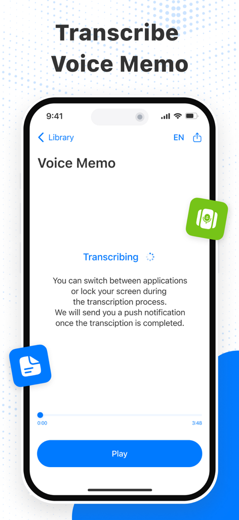 Transcribe – Speech to Text - 文字起こしステータスが表示され、ボイスメモがテキストに処理されているTranscribeアプリインターフェイス。