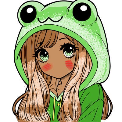 a pretty girl wearing a frog hoodie portrait with long hair