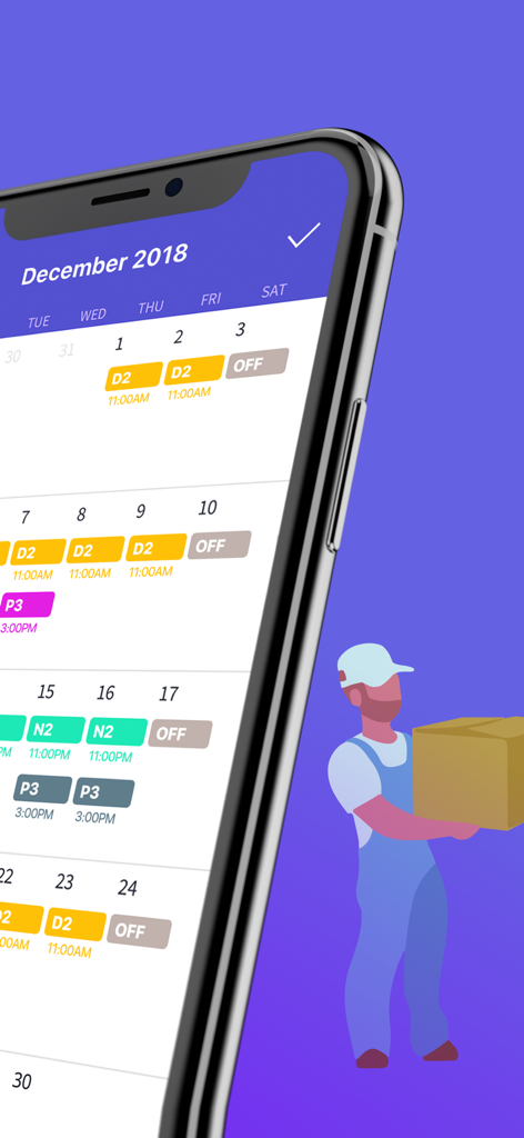 Shift Day Work Calendar: Spoke - Smartphone showing a color coded shift work calendar and an illustration of a delivery worker