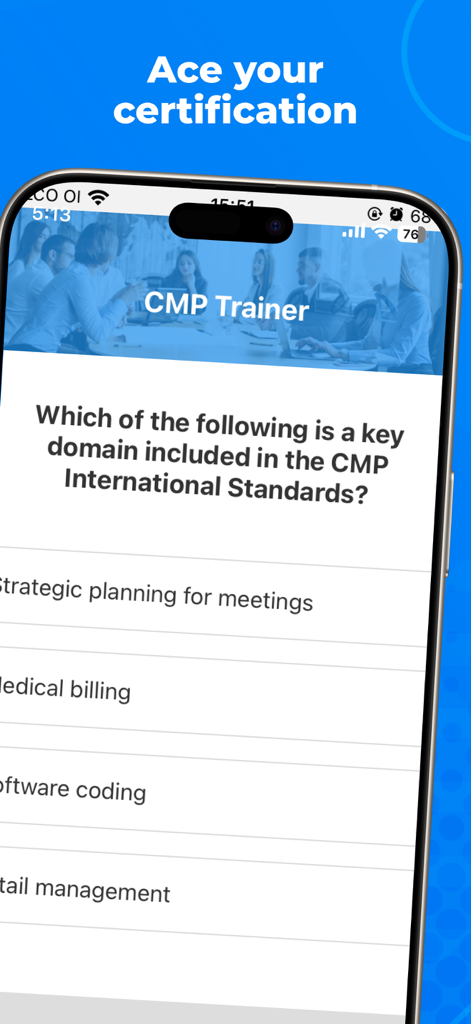 CMP Trainer Pro - A mobile app screen showing a practice question for the Certified Meeting Professional exam.