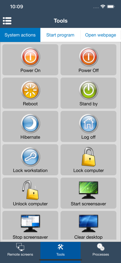 Classroom Spy - Classroom Spy app interface showing remote system action buttons for controlling student computers such as power off and lock