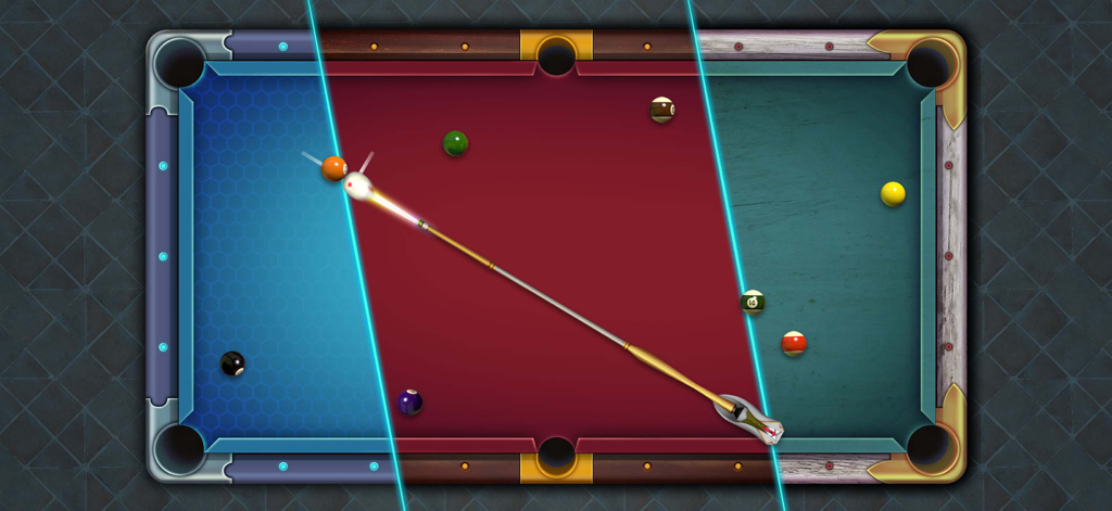 Sir Snooker: 8 Ball & 9 Ball - Top down view of a colorful 3D pool table with a cue stick aiming at a ball in Sir Snooker