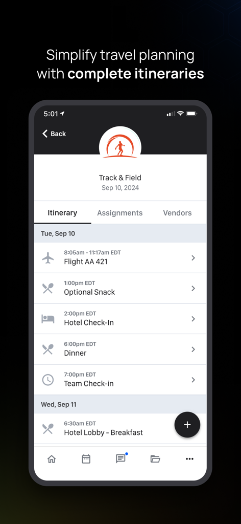 Teamworks mobile app interface displaying a sports team travel itinerary with flight and hotel information