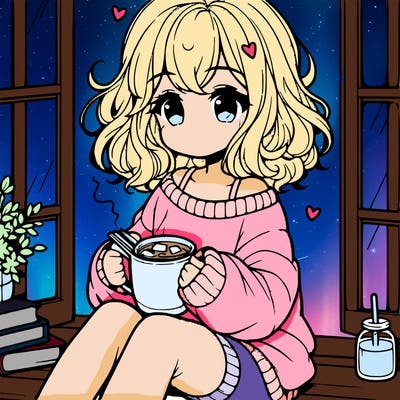 cute anime girl reading book and drinking hot chocolate from mug with loose wavy hair wearing a baggy sweatshirt and shorts sitting by windowsill looking out