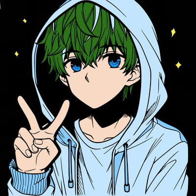 teenage manga boy in a hoodie, doing ✌