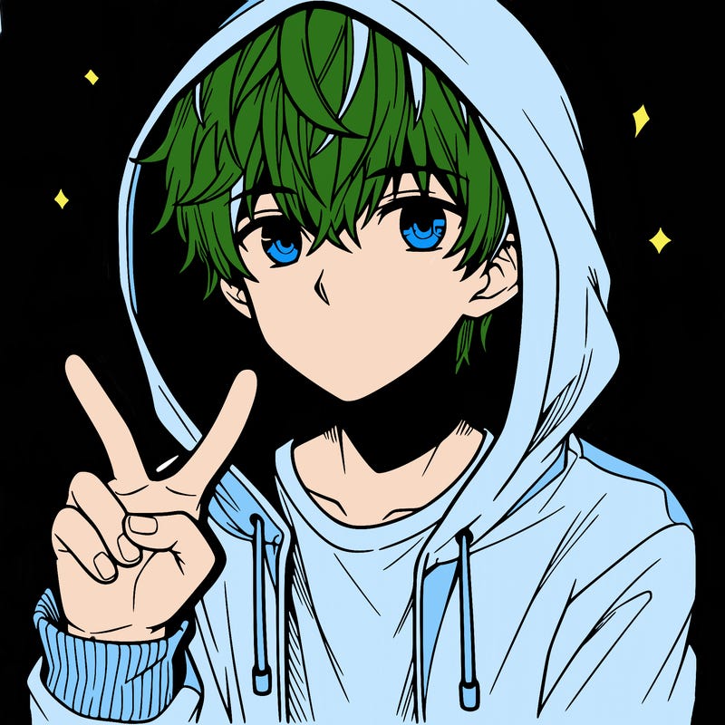 teenage manga boy in a hoodie, doing ✌