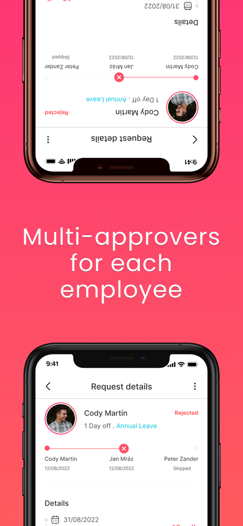 Day Off - Leave Tracker & PTO - Screenshot of the Day Off app showing a multi-level approval workflow for an employee leave request