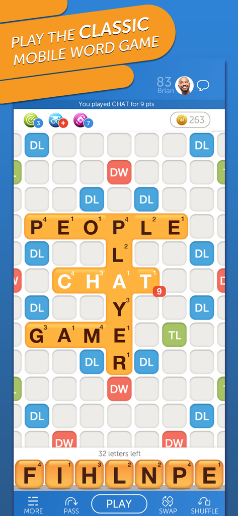 Classic Words With Friends - Gameplay screen of Classic Words With Friends showing a word puzzle board with letter tiles