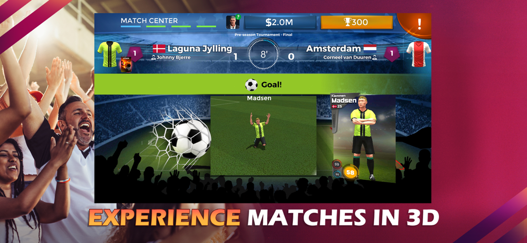 Pro 11 - Soccer Manager Game - Jugabilidad de partido en 3D en vivo de Pro 11 Soccer Manager que muestra una celebración de gol y el marcador