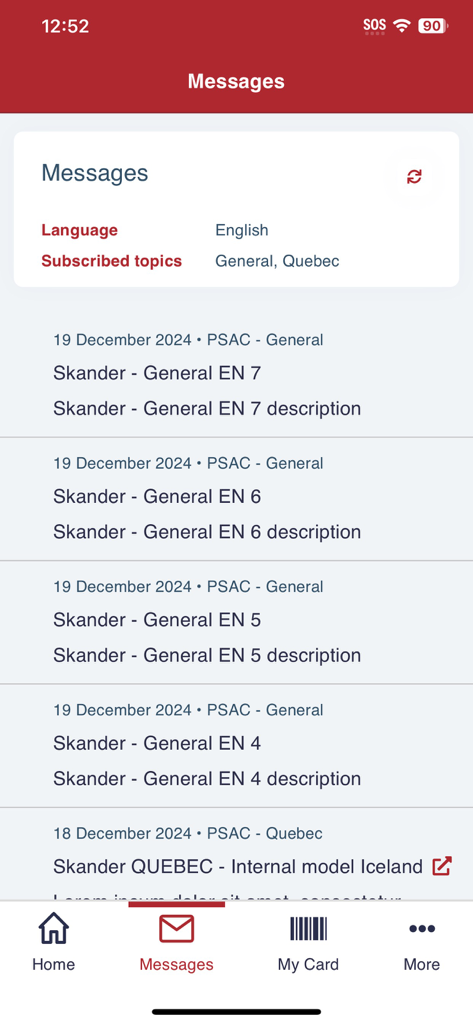 PSAC-AFPC - Messages screen in the PSAC-AFPC app showing a list of news updates and announcements for union members