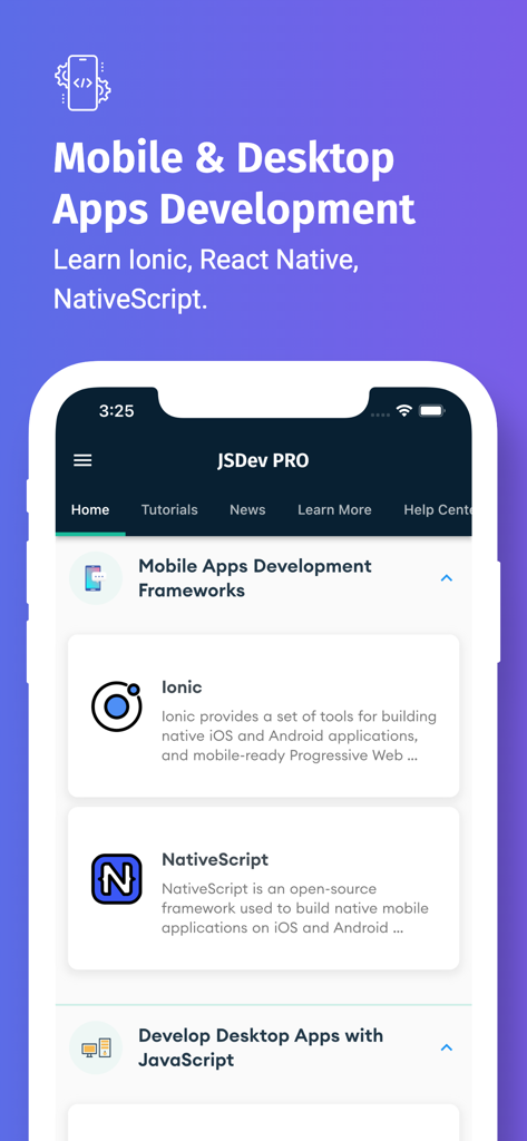 Interface of the Learn JavaScript Development app highlighting mobile development frameworks like Ionic and NativeScript