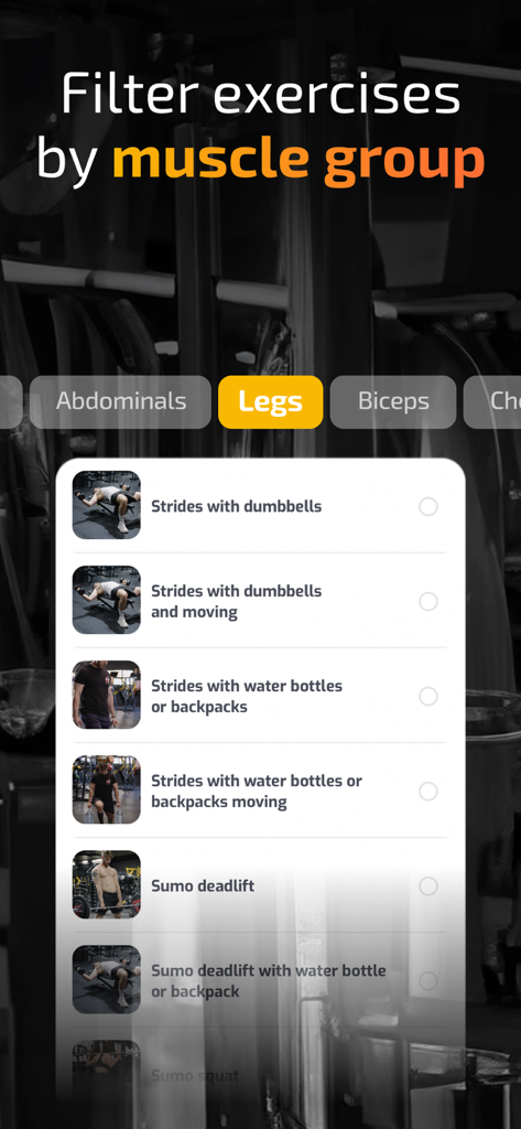 FitKeeper app interface showing muscle group filters for dumbbell exercises