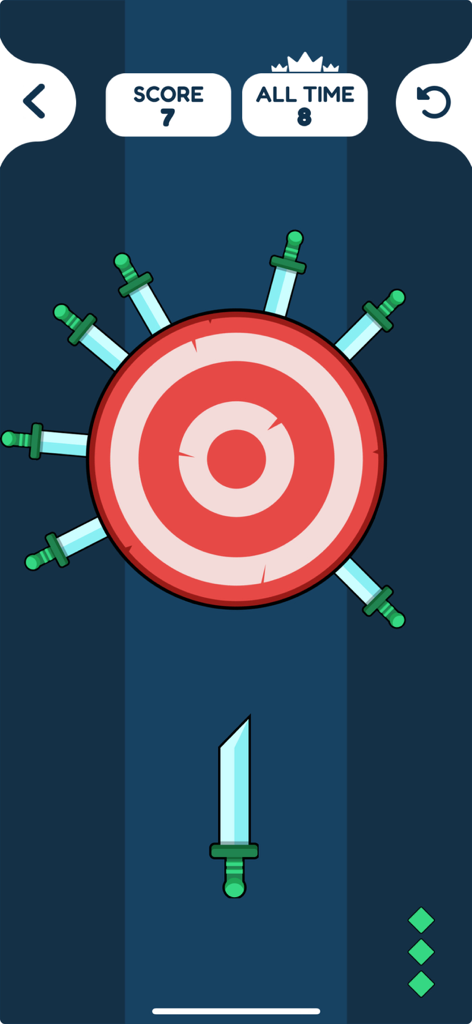 Offline Games - No WiFi Arcade - 나이프와 점수 표시기가 있는 타겟을 보여주는 블레이드 토스 미니 게임 인터페이스