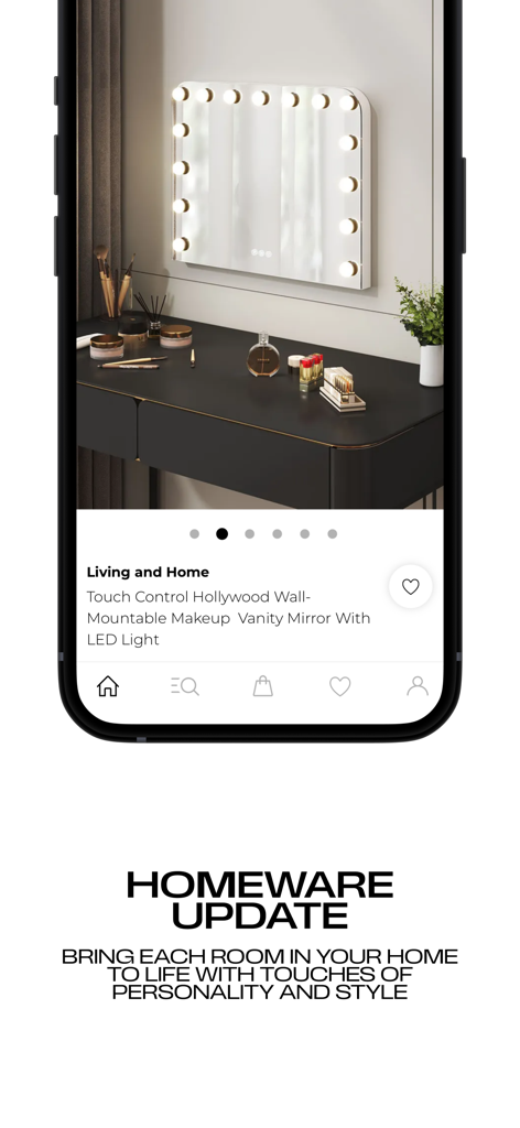 Boohoo app displaying a Hollywood LED vanity mirror from the homeware collection