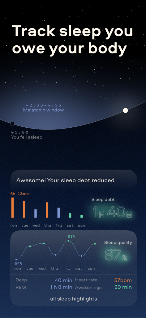 Remy AI app dashboard showing sleep debt and sleep quality tracking graphs
