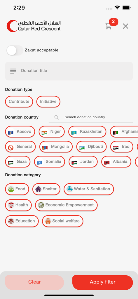 QRCS - Filter screen for Qatar Red Crescent Society app showing donation categories and countries