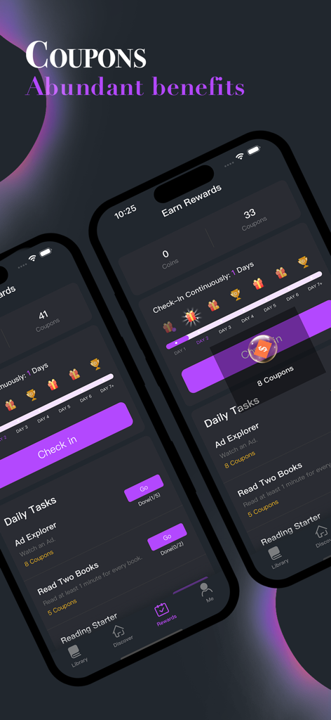 Bounovel - Interface do aplicativo Bounovel mostrando a página de recompensas com tarefas de check-in diário e cupons para leitura gratuita.