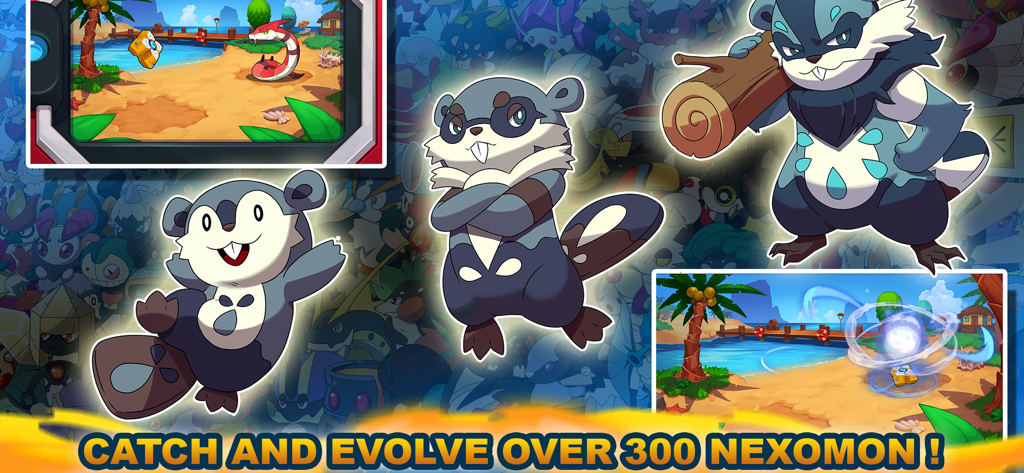 해변의 게임 플레이 전투 장면과 함께 넥소몬의 몬스터 진화 계열 화면