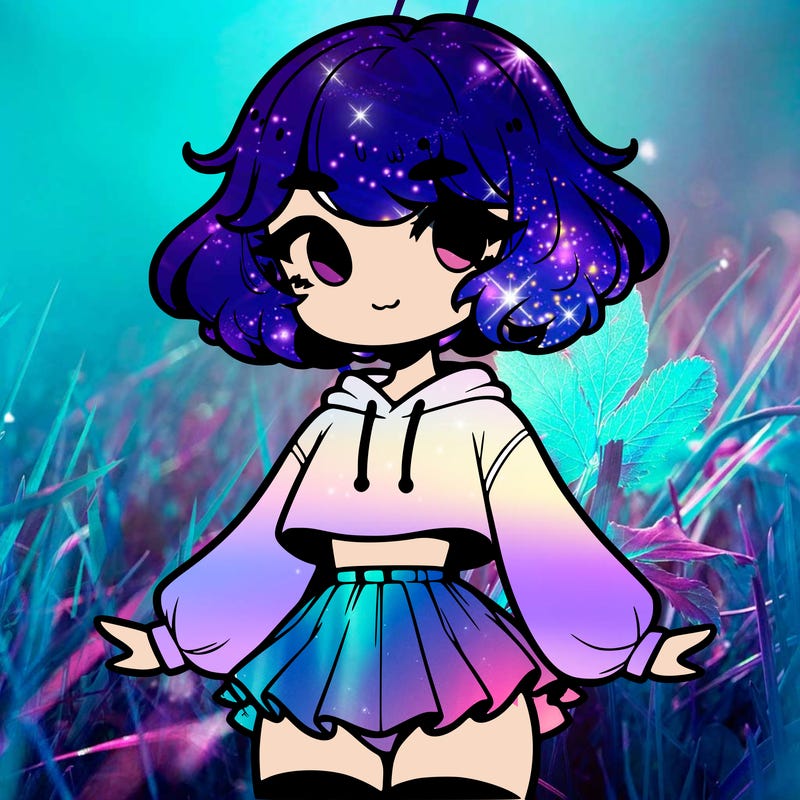 cute femboy with short, fluffy hair that softly frames their face, wearing a cropped hoodie, paired with a flouncy short skirt, and thigh-high stockings