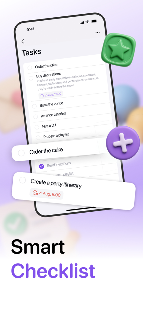 RushDay: Party & Event Planner - Interfaz de la app RushDay que muestra una lista de verificación inteligente para la planificación de eventos con elementos como reservar un lugar y contratar un DJ.
