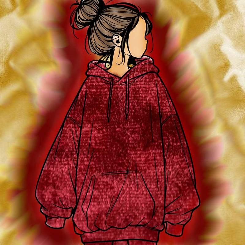 realistic girl with a oversized sweatshirt on and a bun