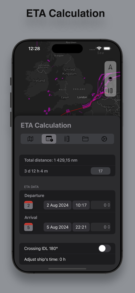 CVoyager - CVoyager mobile app screen showing estimated time of arrival calculation for maritime routes.