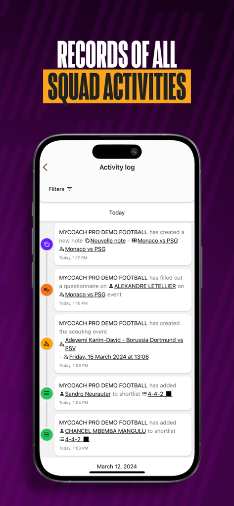 Opta Pro Hub - Opta Pro Hub activity log showing chronological squad and scouting updates.
