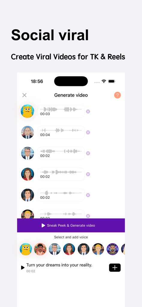 Voice Tik: AI Voice Changer - Voice Tik app screen showing the interface for generating viral videos with AI voices and text to speech functionality