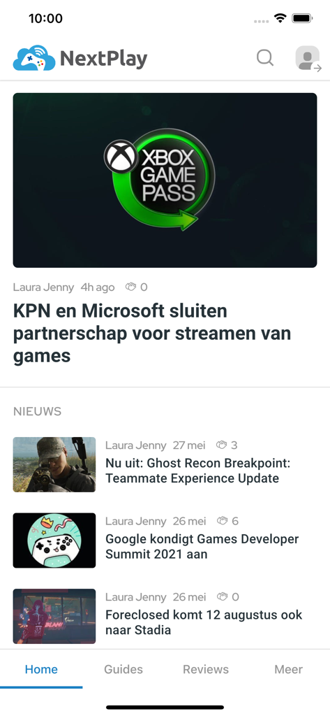 Pantalla de inicio de la aplicación Nextplay que muestra artículos de noticias de juegos neerlandeses y menú de navegación