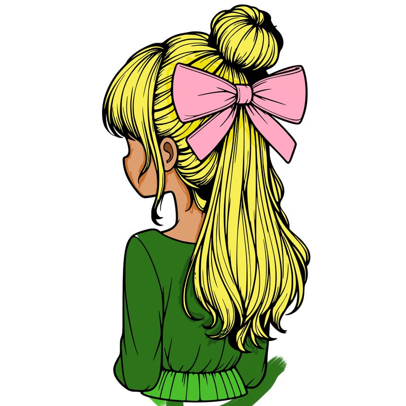 realistic girl  with hip length hair a bun and a big bow on the back of head
