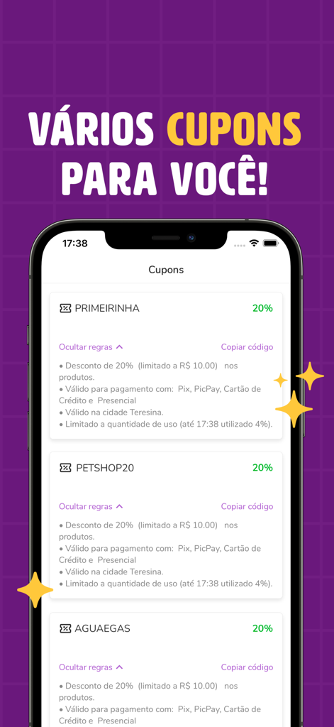 QFome App - Delivery de Comida - QFome app interface displaying various discount coupons and promotional codes for users