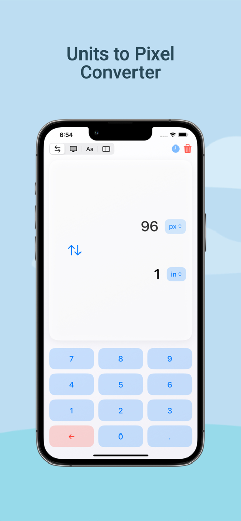 Pixel Converter Pro - Pixel Converter Pro app interface showing a conversion of one inch to ninety-six pixels