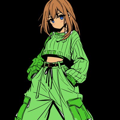 anime teen girl with baggy pants and crop top with sweater