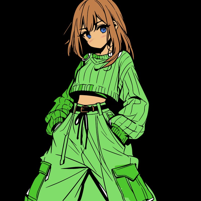 anime teen girl with baggy pants and crop top with sweater