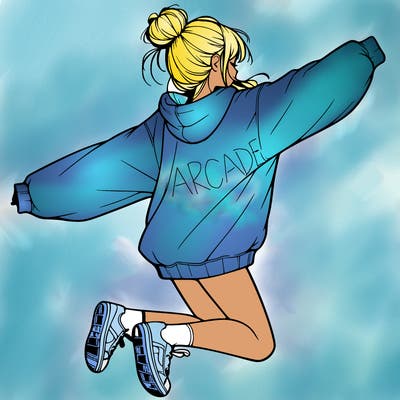 realistic girl jumping with a bun and oversized sweatshirt